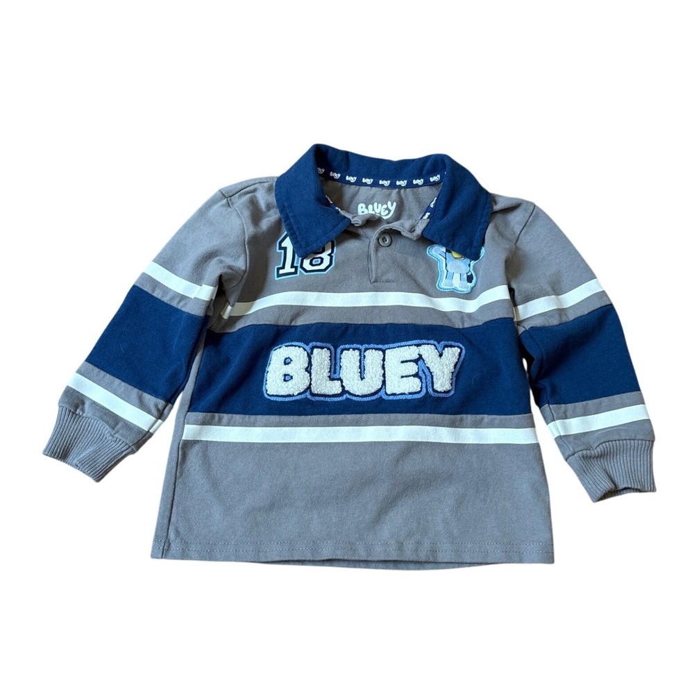 Bluey Rugby Polo Shirt Kids Grey Navy Blue Striped Long Sleeve SIZE 2T